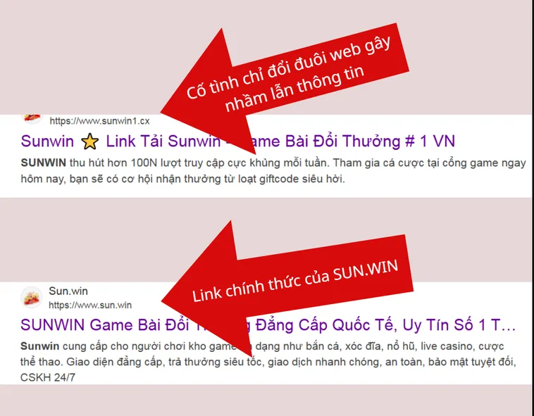 Hình ảnh này thể hiện sự khác biệt giữa đường link chính thức của Sun.win và link giả mạo dễ gây nhầm lẫn